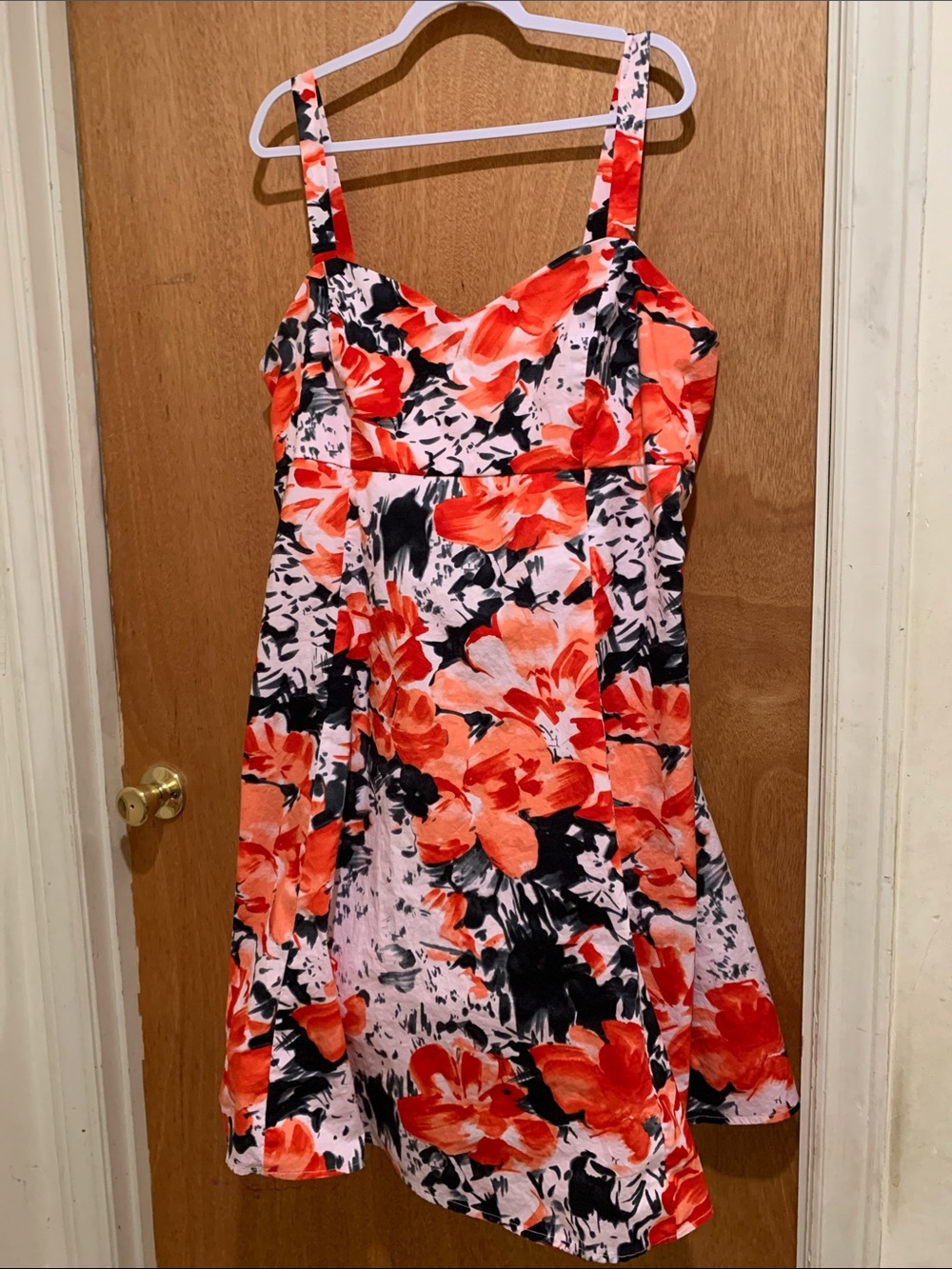 dressbarn Red Floral Midi Dress with Black and White Accents